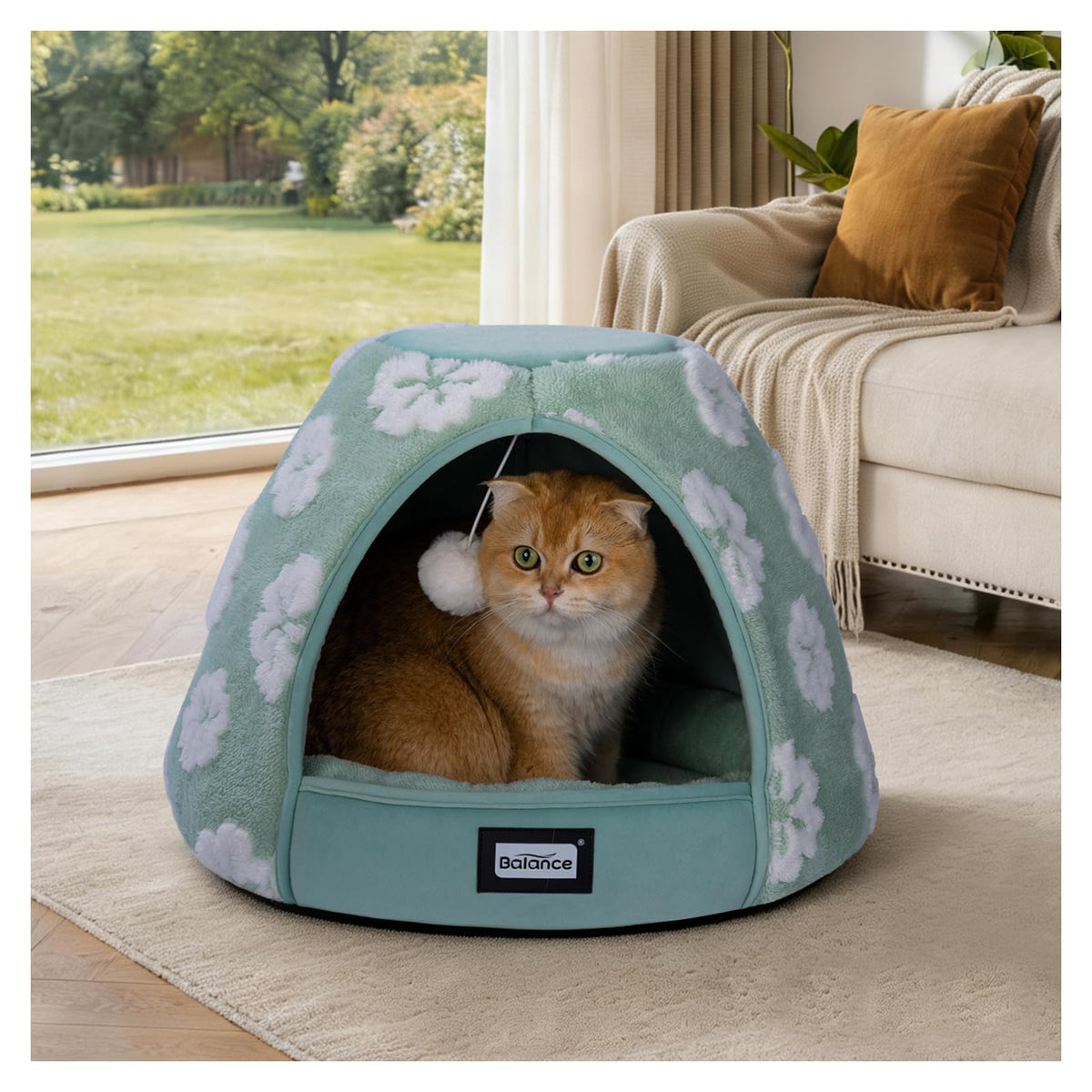BALANCE Cat Beds for Indoor Cats, 2-in-1 Cat Bed Cave with Anti-Slip Bottom and Ultra-Soft Plush, Cozy Cats House Tent for Kittens and Small Dogs, 19 Inches, Blue