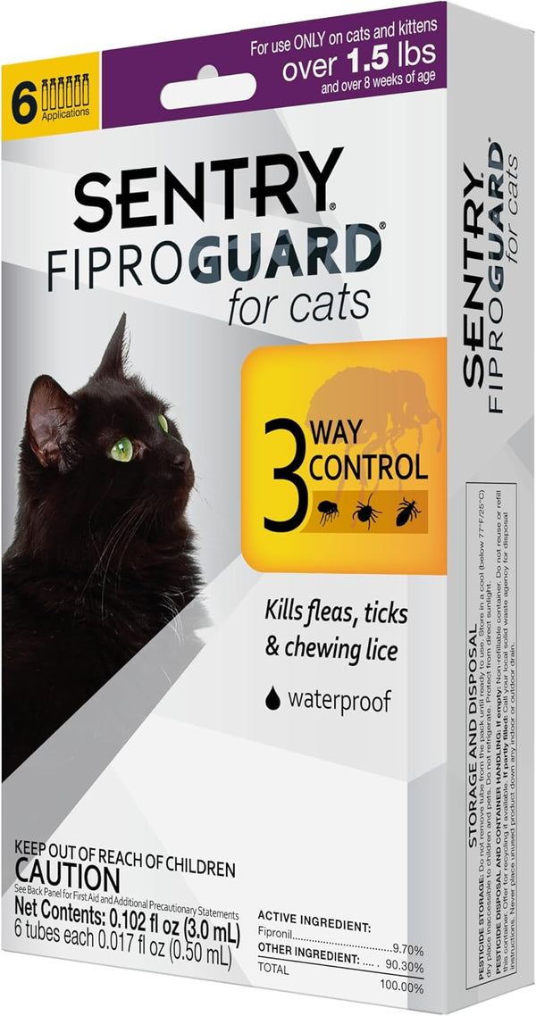 Sentry Fiproguard Flea & Tick Cats 1.5 lbs+, Fipronil, 6-Month | Ideal for Cats & Kittens 1.5 lbs+; Kills Fleas, Ticks & Chewing Lice for 30 Days; 6-month supply; Vet-Quality OTC Cat Formula