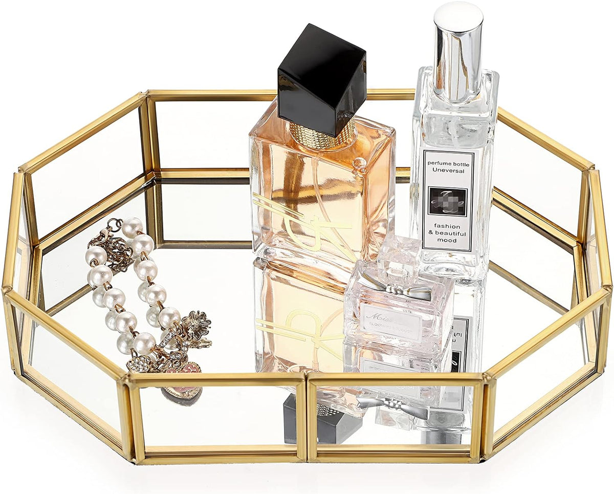 Hipiwe Mirror Glass Vanity Tray - Gold Ornate Makeup Organizer Perfume Tray