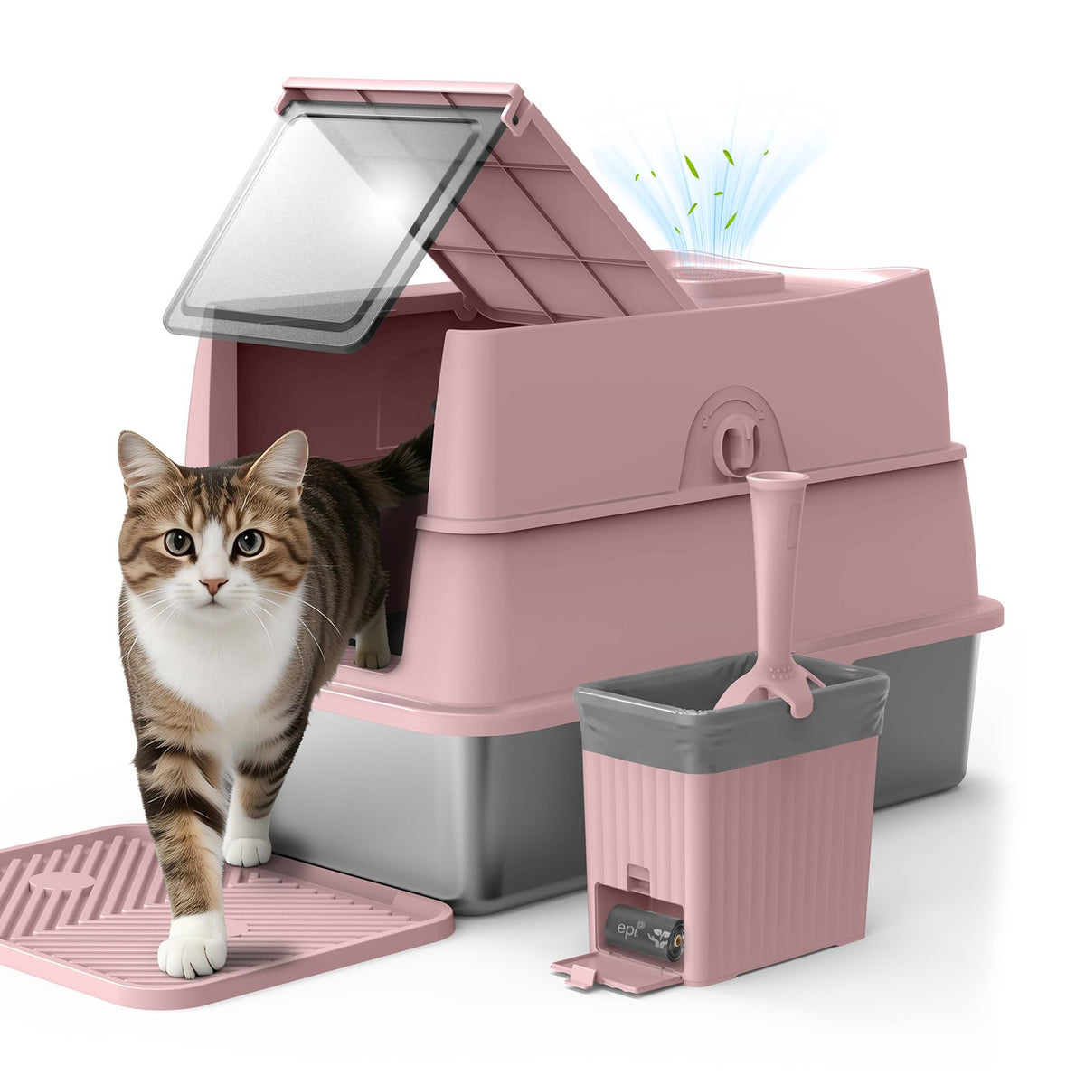 Stainless Steel Litter Box with Lid | Extra Large Enclosed Cat Litter Box for Big Cats | High Sided Metal Litter Boxes | 100% Anti-Urine Leakage | Odor Control | Non-Stick with Litter Scoop Set & Mat