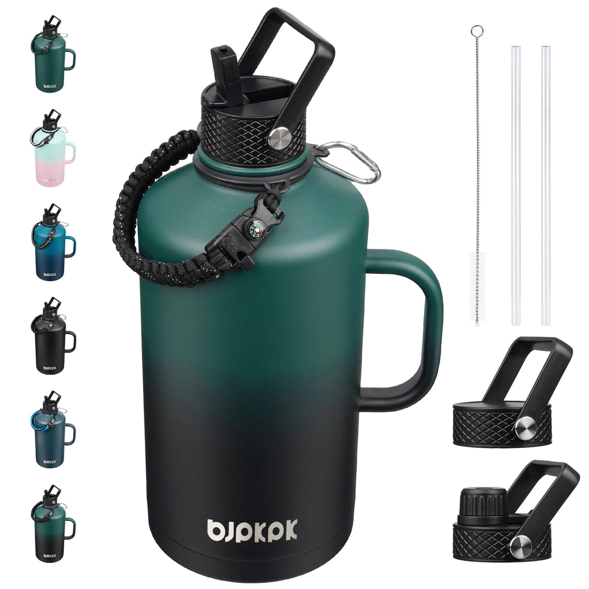BJPKPK Half Gallon Insulated Water Bottles with Straw Lid & Side Handle, 64oz Large, Stainless Steel Water Bottles with 3 Lids and Paracord Strap, Metal Water Jug,Black