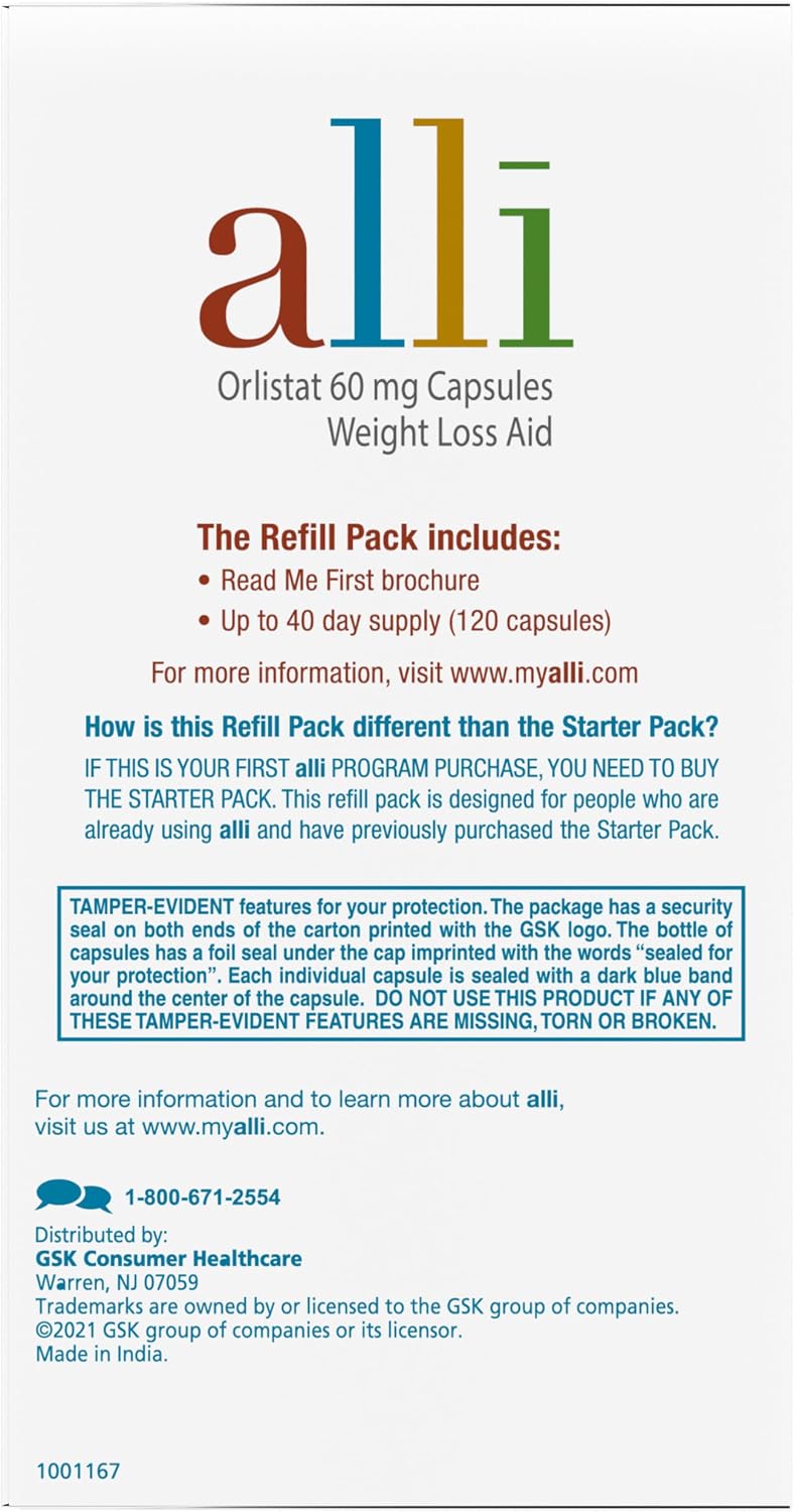 alli Weight Loss Diet Pills, Orlistat 60 mg Capsules, Non Prescription Weight Loss Aid, 120 Count Refill Pack