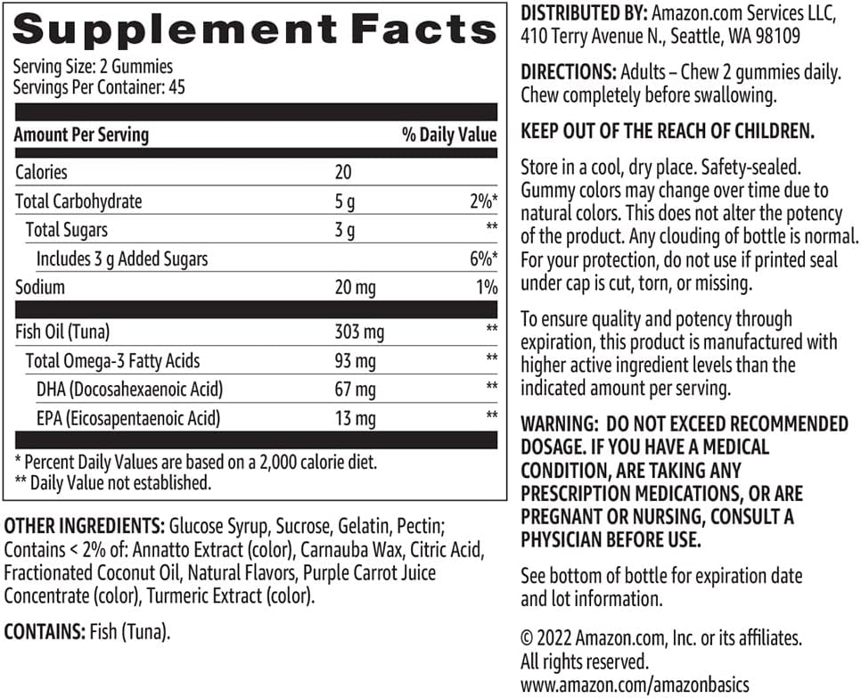 Amazon Basics Fish Oil 303 mg, Soft Chew Gummies, Lemon, Orange & Strawberry-Banana Flavors, 90 Count, EPA and DHA Omega-3 Fatty Acids (Previously Solimo)