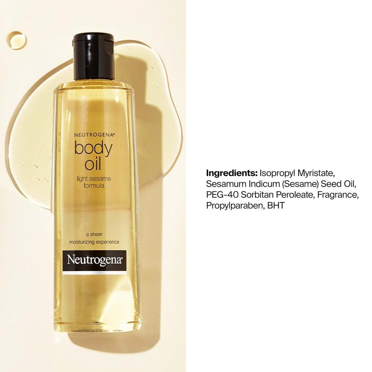 Neutrogena Body Oil Light Sesame Formula, Lightweight, Quick-Absorbing Nourishing Moisturizing Oil, Before and After Shower Application for Smooth, Radiant Looking Skin, Non-Greasy Feel, 16 fl oz