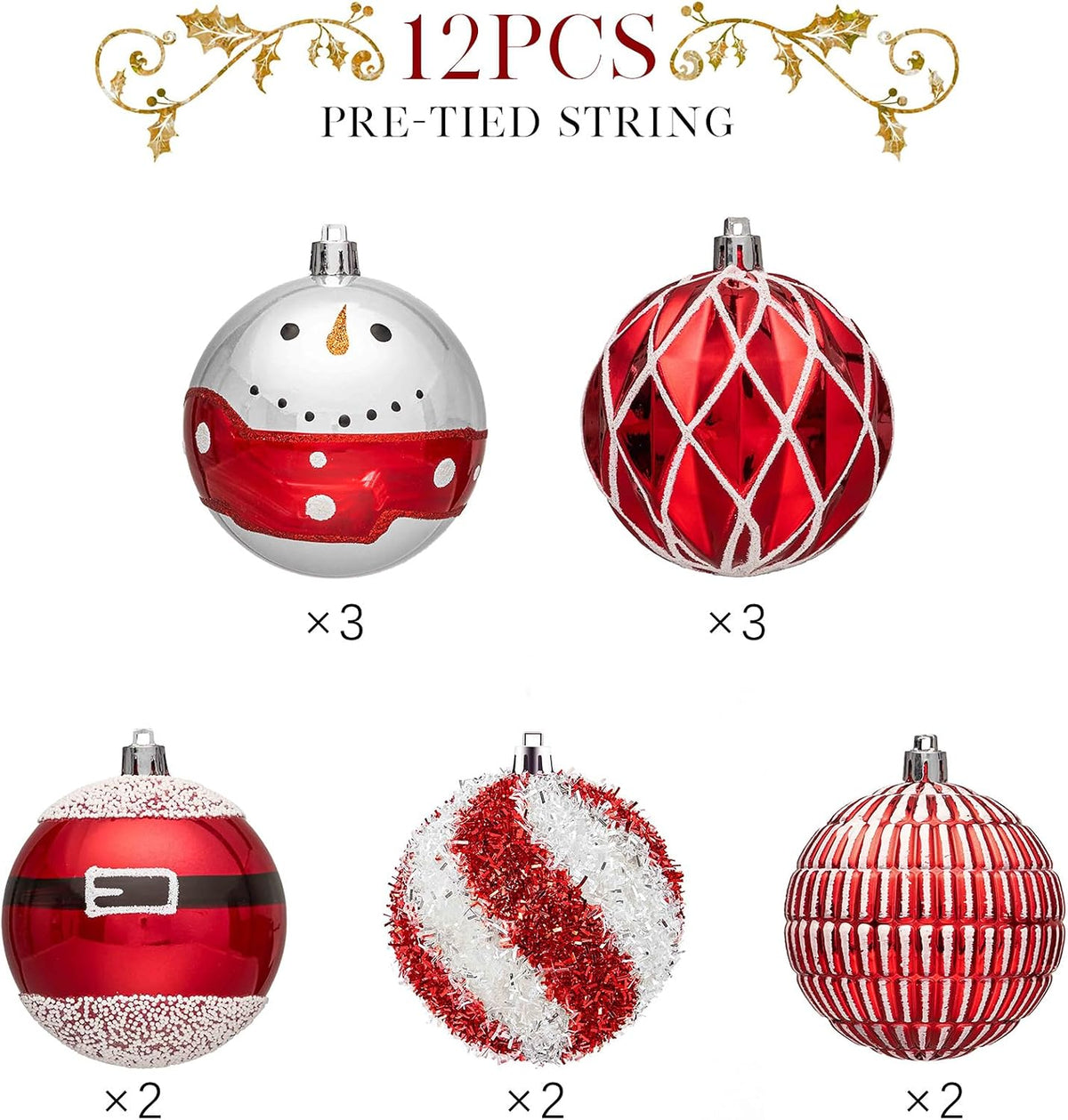 JORNOY 12CT 3.12-Inch Christmas Balls Ornaments for Tree, Red & White