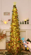 HMASYO 6 FT Pop Up Christmas Tree with 100 LED Timer Lights & Remote, Green Christmas Tinsel Tree, Collapsible Artificial Pencil Tree for Home Office Party Decor, USB Powered, Easy Assembly