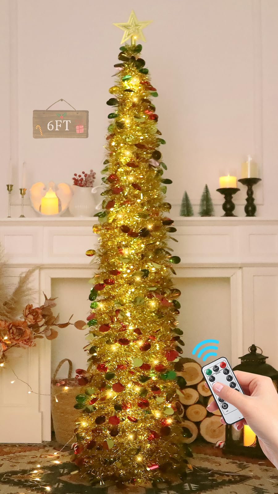 HMASYO 6 FT Pop Up Christmas Tree with 100 LED Timer Lights & Remote, Green Christmas Tinsel Tree, Collapsible Artificial Pencil Tree for Home Office Party Decor, USB Powered, Easy Assembly