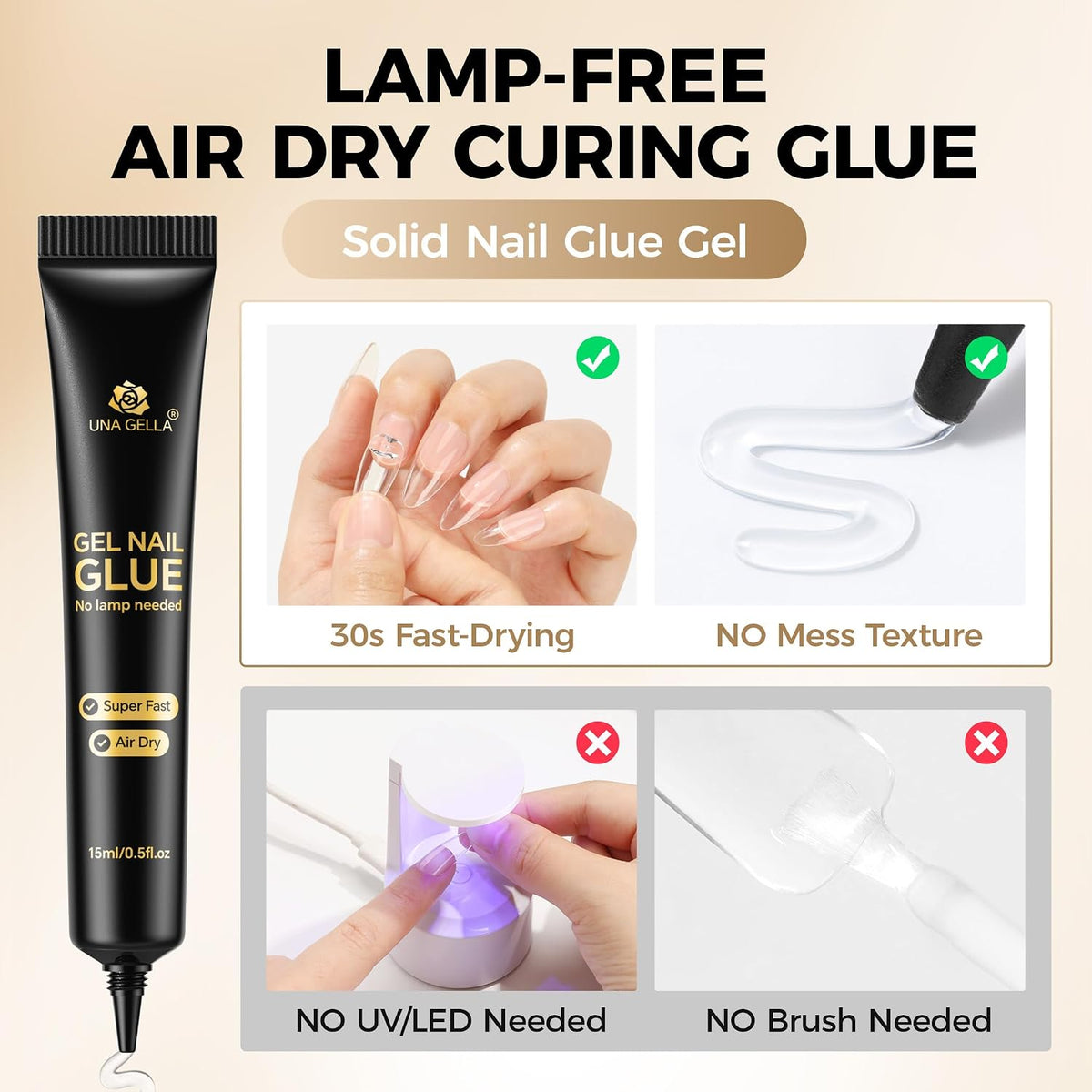UNA GELLA Nail Glue Strong Gel No U V, 15g*2pcs Nail Glue for Press Ons No Lamp Needed, Quick Dry Semi Solid Nail G LUE, Super Strong Gel glue for Nails Long Lasting Extension DIY Kit