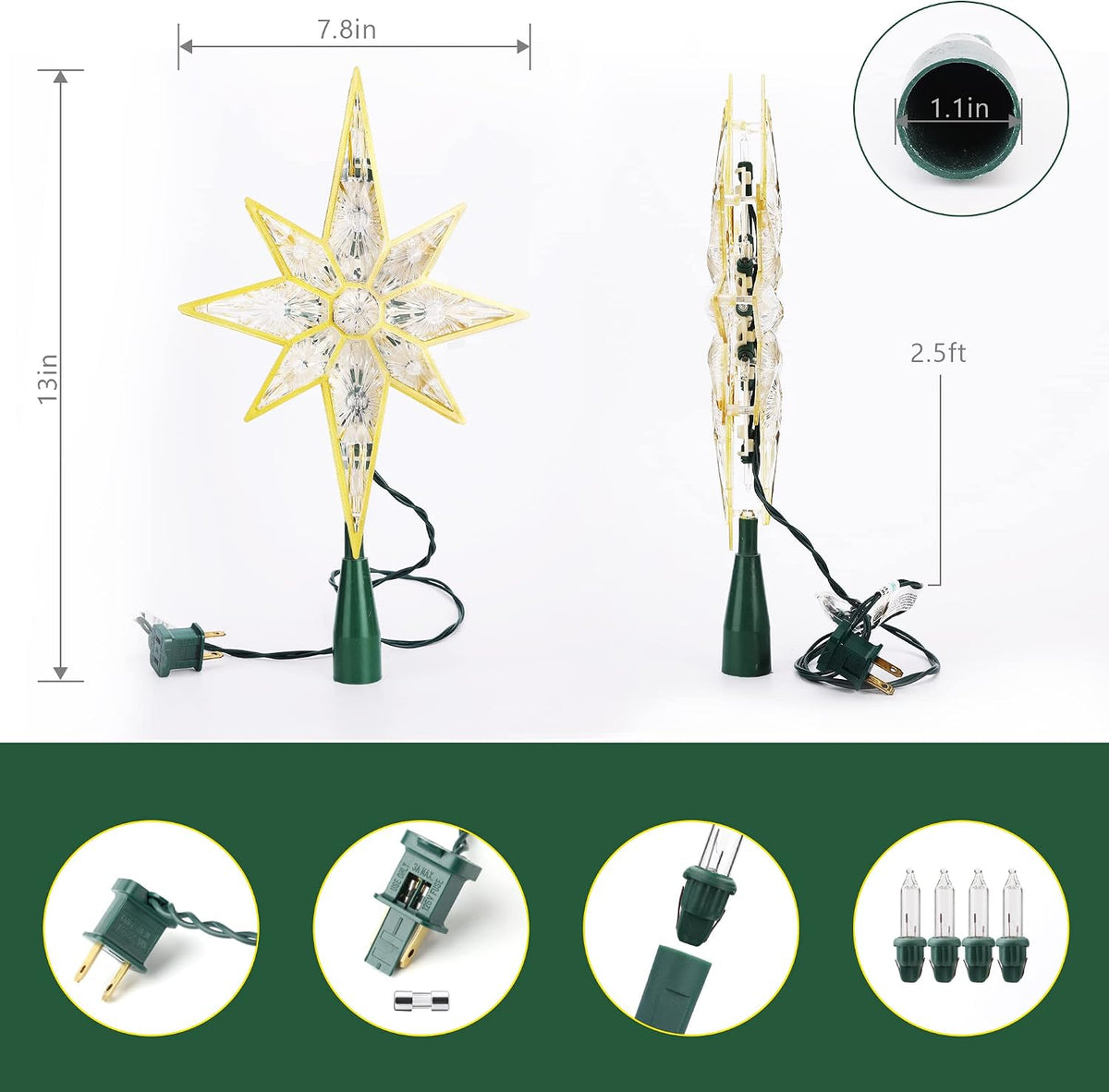 Brizled Christmas Tree Topper, 11" Warm White Double-Sided Bethlehem Star Tree Topper, Plugin Polaris Xmas Treetop with 10 Lights, UL Certified Lighted Tree Top for Christmas Tree Home Holidays Decor