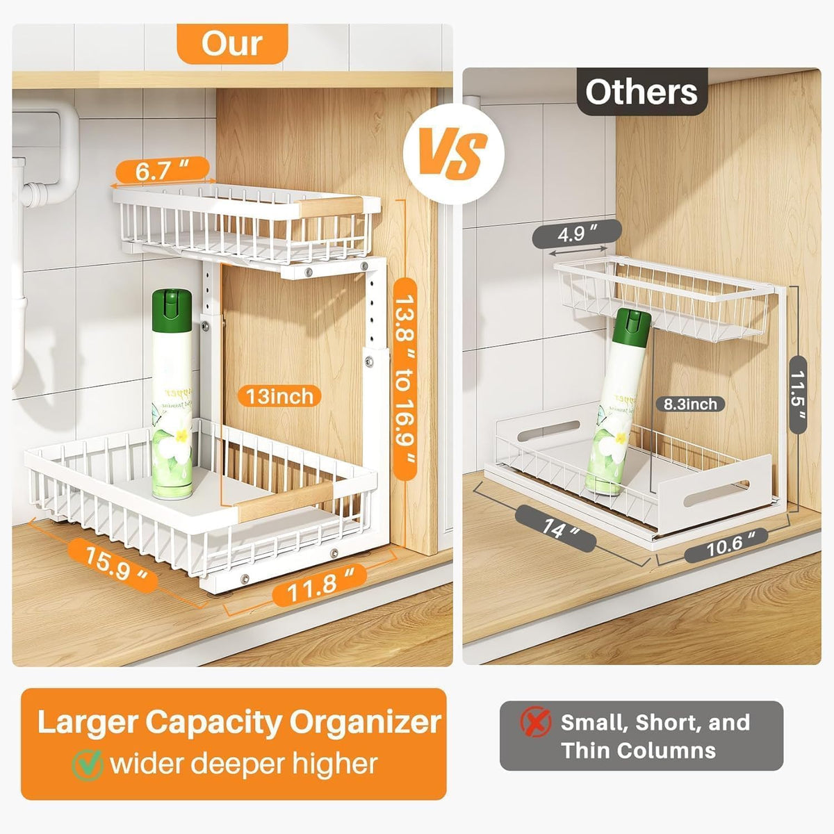 PXRACK Under Sink Organizer, Adjustable Height, 2 Tier Pull Out Under Cabinet Organizer, Slide Out Thickened Metal Under Sink Storage for Kitchen Bathroom Laundry Pantry Cabinet, White, Large-2-Pack