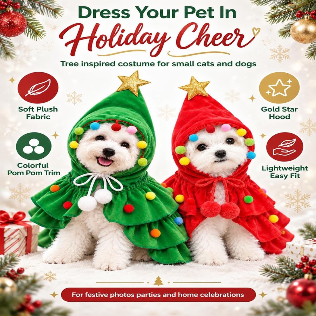 Dog Christmas Outfit Clothes, Holiday Tree Costume Cape for Small Pets，Green+Red
