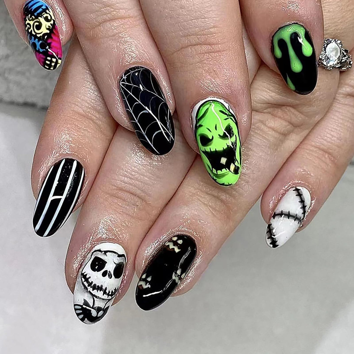 Halloween Press on Nails Medium Almond MABKJLF Fake Nails Glow in The Dark Full Cover Nightmare Christmas False Nails Glossy Glue on Nails Artificial Acrylic Nails for Women Girls 24 Pcs