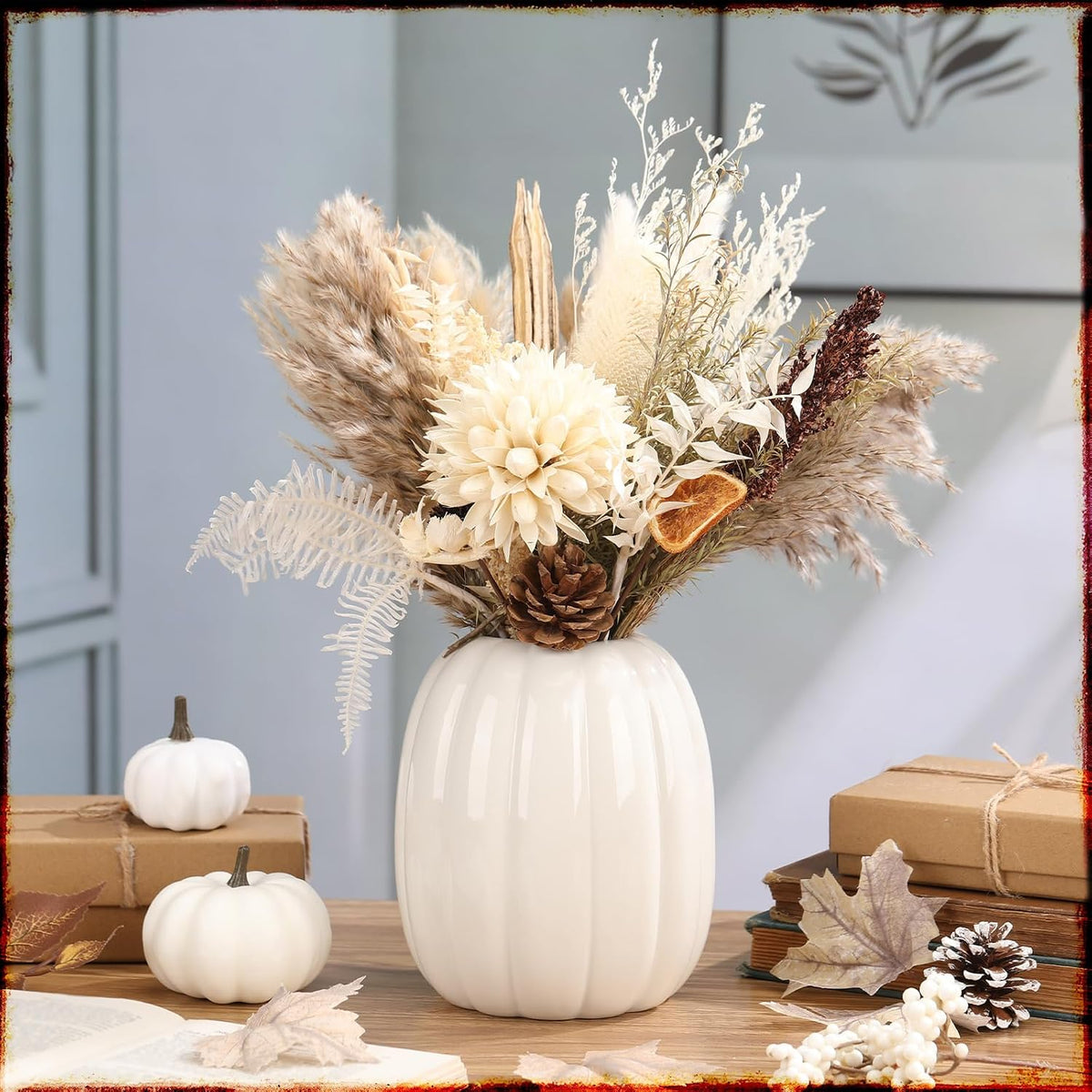 Beeveer 6.7 Inch Ceramic Pumpkin Vase, Large White Pumpkin Utensil Holder