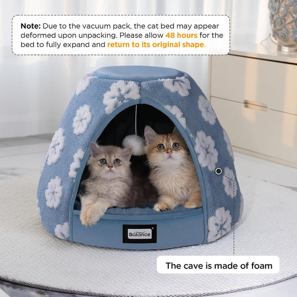 BALANCE Cat Beds for Indoor Cats, 2-in-1 Cat Bed Cave with Anti-Slip Bottom and Ultra-Soft Plush, Cozy Cats House Tent for Kittens and Small Dogs, 19 Inches, Blue