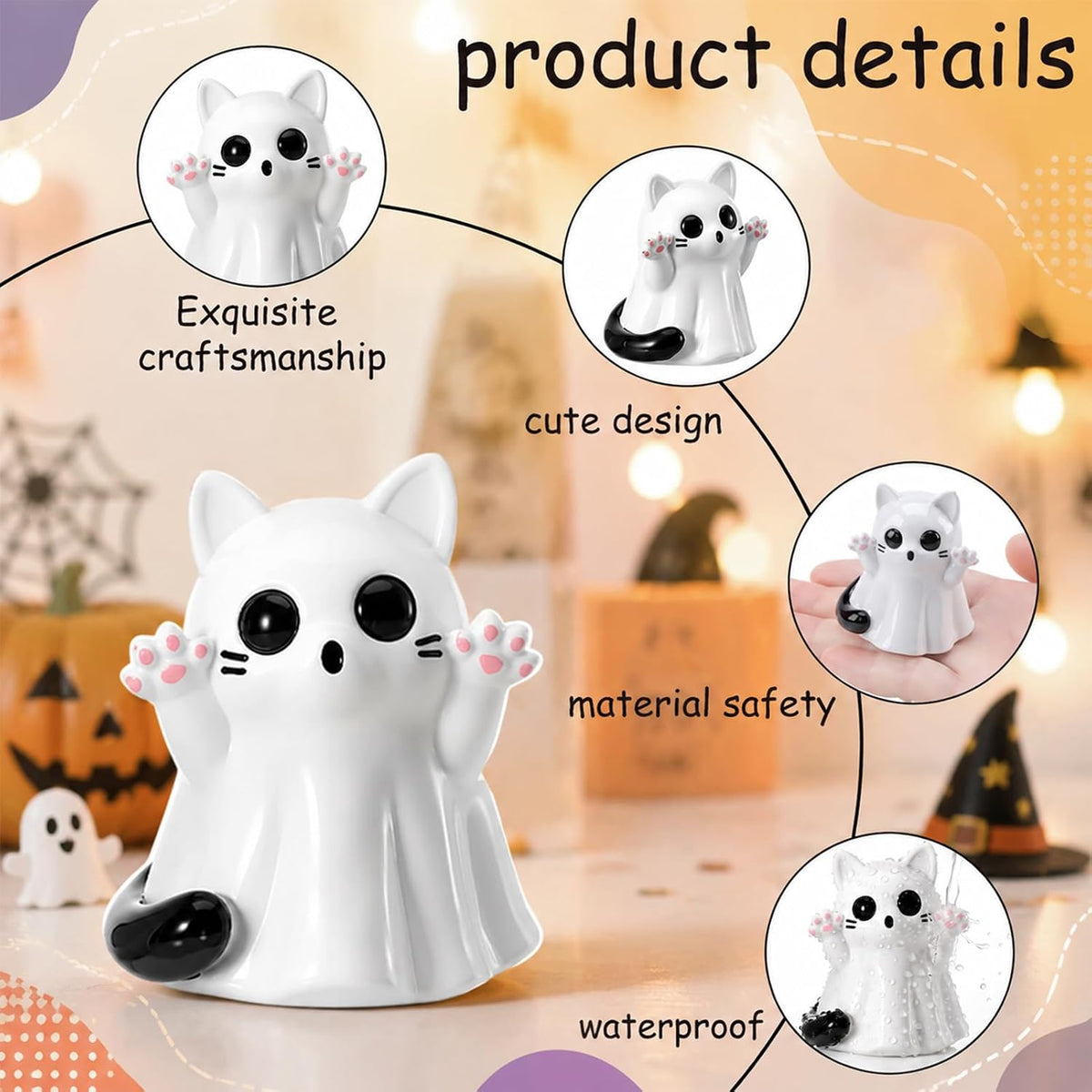 2Pcs Halloween Dog Cat Ghost Resin Figurines Statues Cute Spooky