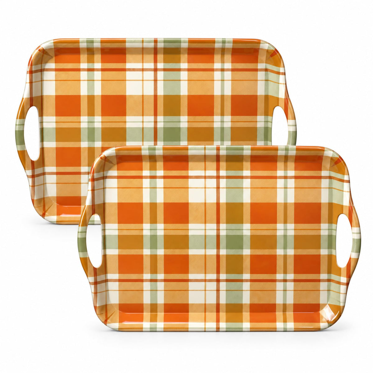 Thanksgiving Serving Trays with Handles, 19 x 11.6 Inch, Set of 2, Bamboo Fiber Serving Platter, Dishwasher Safe, with Removable Silicone Mats, Turkey and Fall Plaid