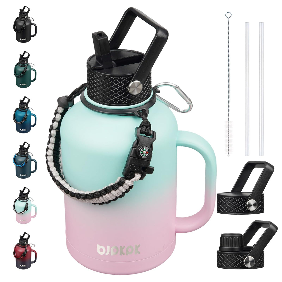 BJPKPK Half Gallon Insulated Water Bottles with Straw Lid & Side Handle, 64oz Large, Stainless Steel Water Bottles with 3 Lids and Paracord Strap, Metal Water Jug,Black