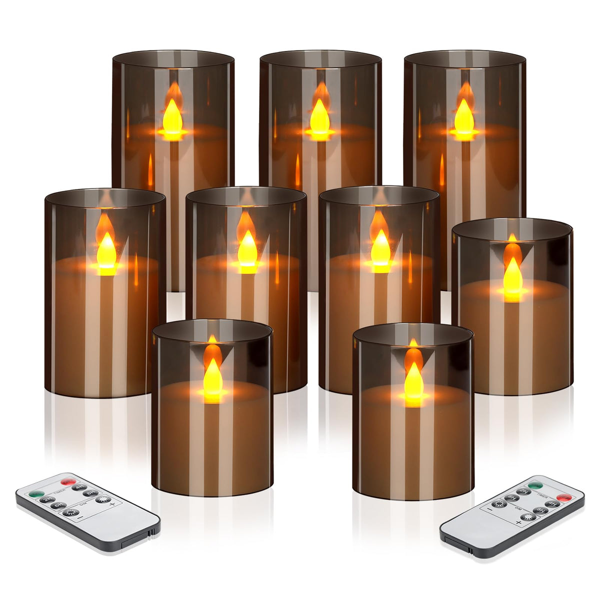 wemarry Flameless Candles 4" 5" 6" Acrylic Glass Pillars 3" Diameter Battery Operated Flickering Candles Include 8-Key Remote with Timer Function 400+ Hours (Gray, Warm Light 3 Pack)