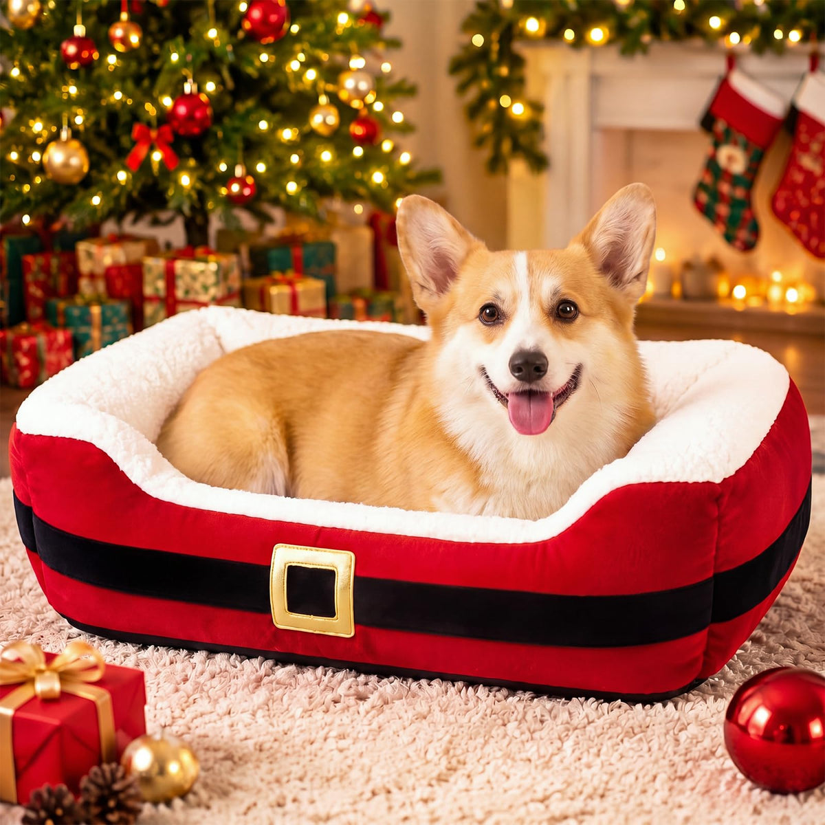 Jetec 26" Christmas Dog Bed, Santa Belt Small Pet Bed for Dogs Cats