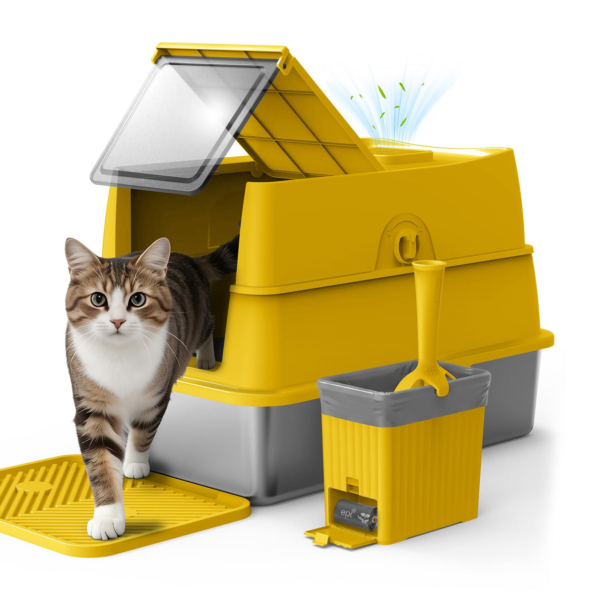 Stainless Steel Litter Box with Lid | Extra Large Enclosed Cat Litter Box for Big Cats | High Sided Metal Litter Boxes | 100% Anti-Urine Leakage | Odor Control | Non-Stick with Litter Scoop Set & Mat