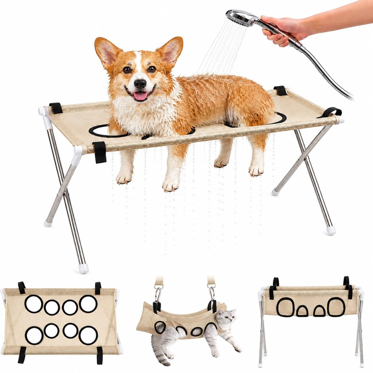 Dog Grooming Hammock Stand, Foldable Dog Bath Holder Sling Shower Chair | Heavy-Duty Pet Bath Stool for Small & Medium Dogs, Home Salon Grooming, Washable Mesh, Joint Support & Restraint(Blue,Base)