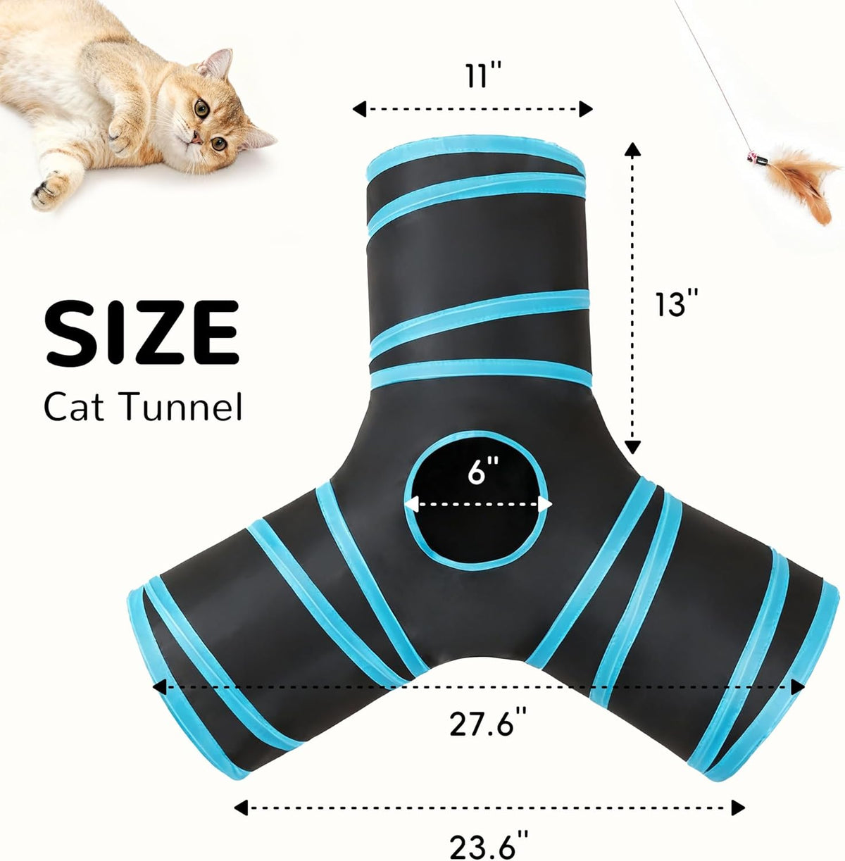 Tempcore Pet Cat Tunnel Tube Toys 3 Way Collapsible, Tunnels for Indoor Cats, Interactive Tube with Teaser Wand, Peek Holes & Hanging Ball, Black & Blue