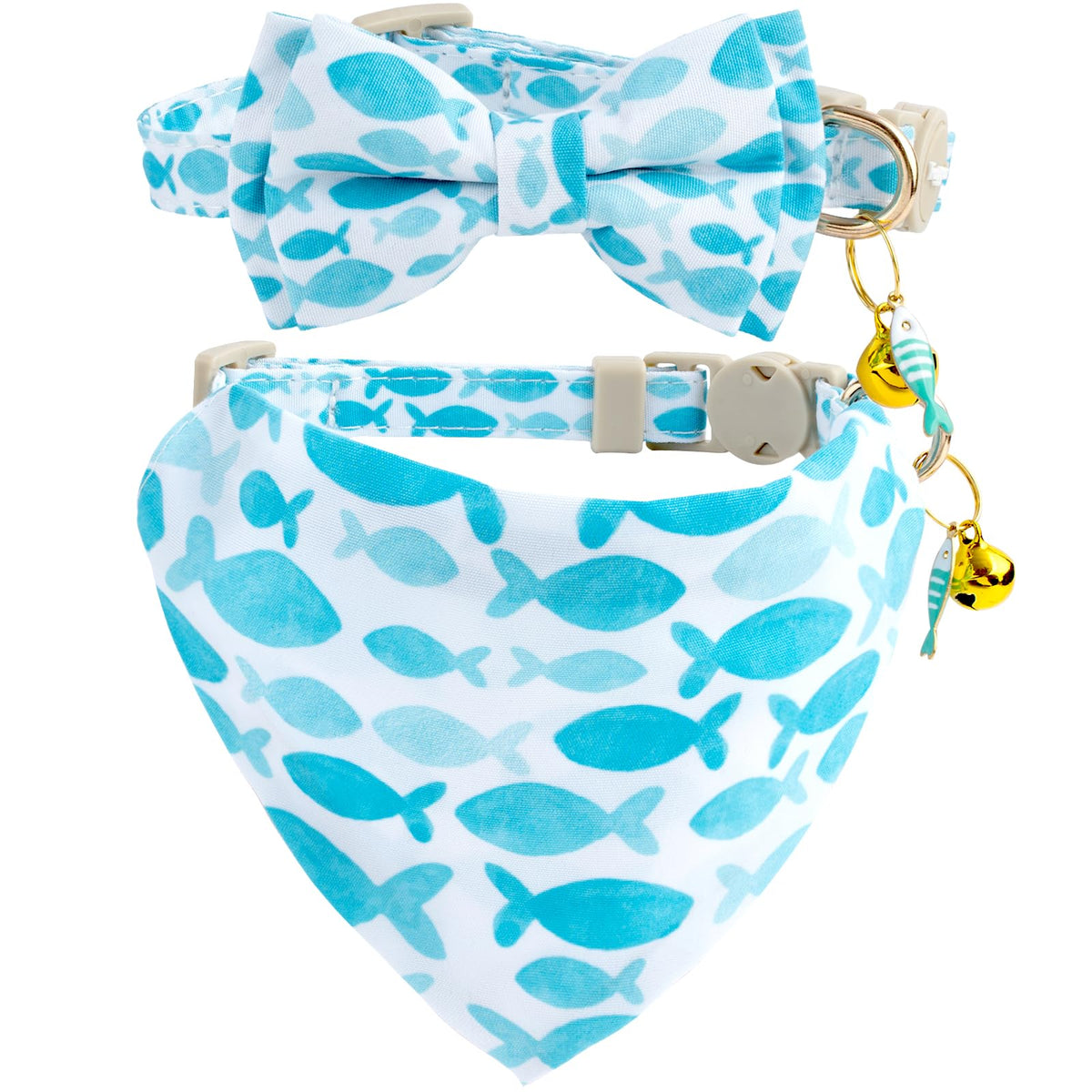 Faygarsle 2 Pack Blueberry Pattern Cat Collar Set with Bandana and Bow Tie, Light Blue, Breakaway Style with Bell