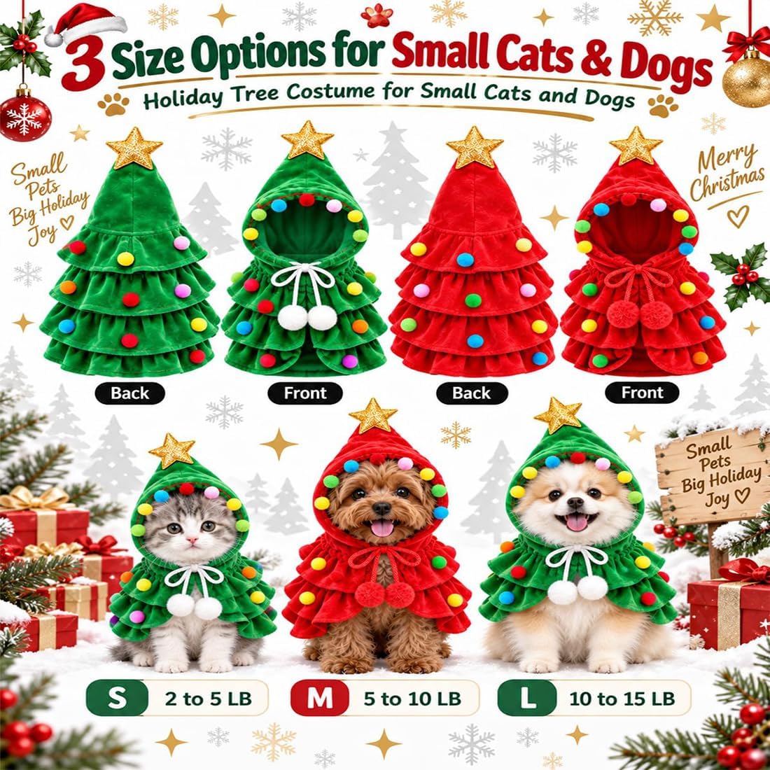 Dog Christmas Outfit Clothes, Holiday Tree Costume Cape for Small Pets，Green+Red