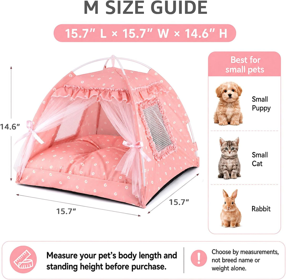 Pink Princess Cat Bed Dog Tent, Indoor House for Small Puppies and Kittens | Portable Pet Teepee Bunny Nest Foldable Cozy Cave Hideaway Washable Cushion Reversible Mat Home Use, 15.7 x 15.7 x 14.6 in