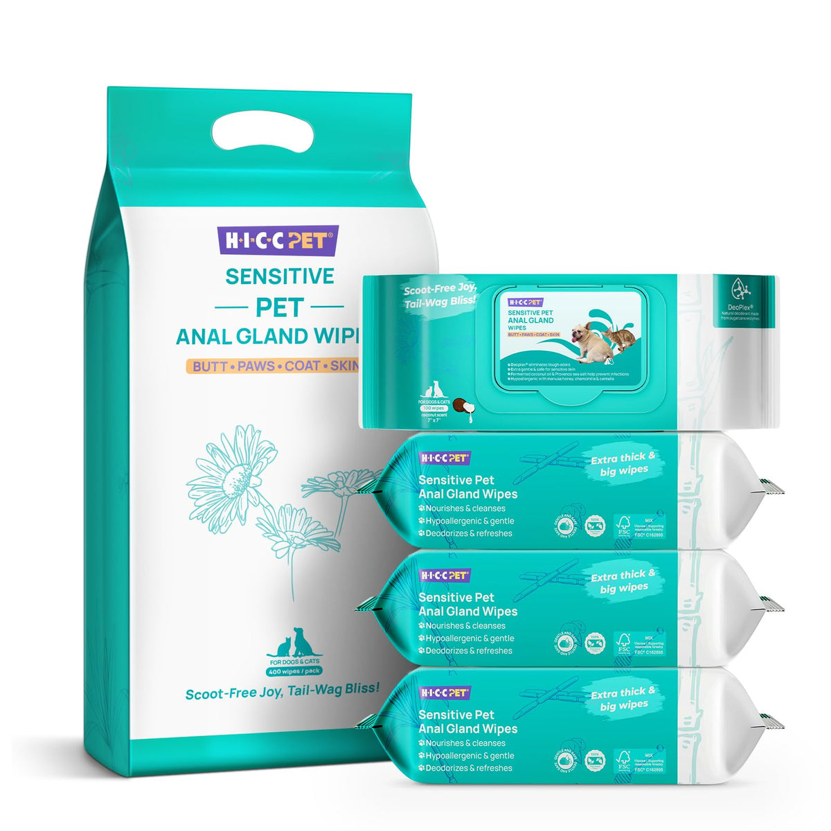 HICC PET Wipes for Dogs & Cats, Cleaning Deodorizing External Anal Area Wipes, Hydrating & Nourish Fur Dog Grooming Wipes for Paw, Butt, Body