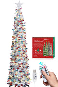 HMASYO 6 FT Pop Up Christmas Tree with 100 LED Timer Lights & Remote, Green Christmas Tinsel Tree, Collapsible Artificial Pencil Tree for Home Office Party Decor, USB Powered, Easy Assembly