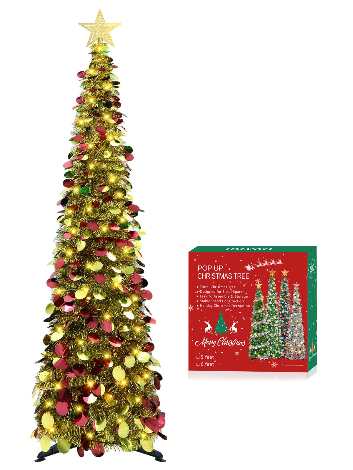 HMASYO 6 FT Pop Up Christmas Tree with 100 LED Timer Lights & Remote, Green Christmas Tinsel Tree, Collapsible Artificial Pencil Tree for Home Office Party Decor, USB Powered, Easy Assembly