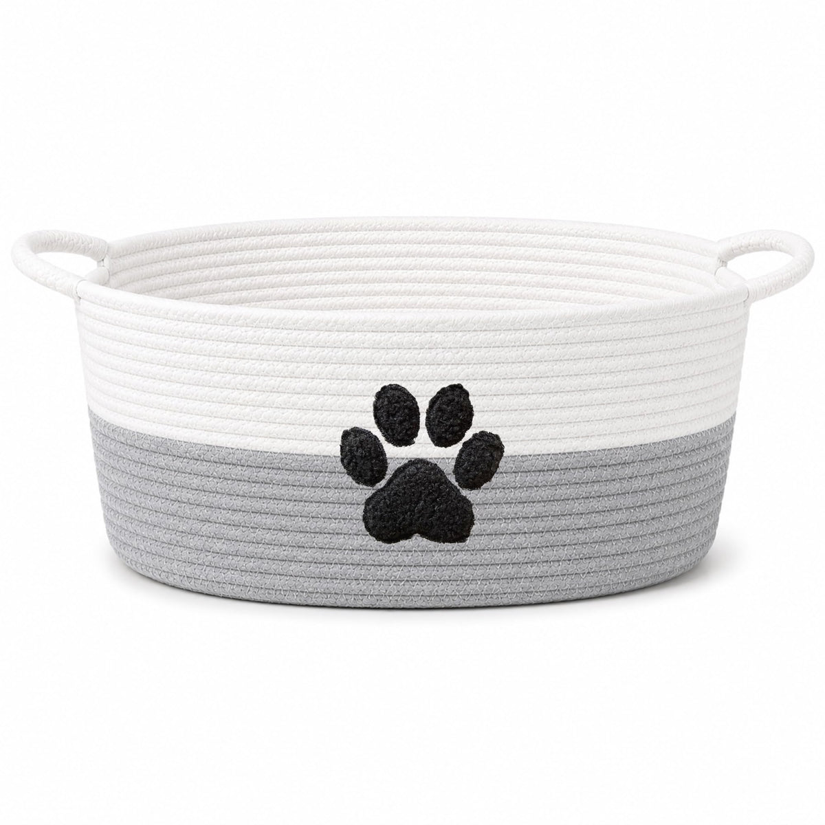 Dog Toy Basket with Handles, Cotton Rope Storage Bin Organizer for Pets | Holds toys, blankets, leashes & dog stuff. Machine washable, collapsible, free-standing woven bin with embroidered paw.