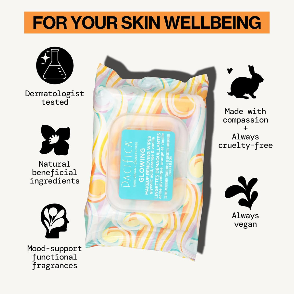 Pacifica Vegan Face Cleansing Wipes, Makeup Remover Wipes w/Glycolic Acid, Aloe Vera & Coconut Water Exfoliating & Hydrating Facial Towelettes for All Skin Types (120 Count) Clean Beauty Cruelty-Free
