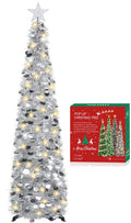 HMASYO 6 FT Pop Up Christmas Tree with 100 LED Timer Lights & Remote, Green Christmas Tinsel Tree, Collapsible Artificial Pencil Tree for Home Office Party Decor, USB Powered, Easy Assembly