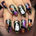 48Pcs Halloween Press on Nails Ghost Stick on Fingernails Monster Short Square False Nails Glossy Black Spider Web Acrylic Fake Nail Skull Gel Glue on Nail for Coquette Women Girls