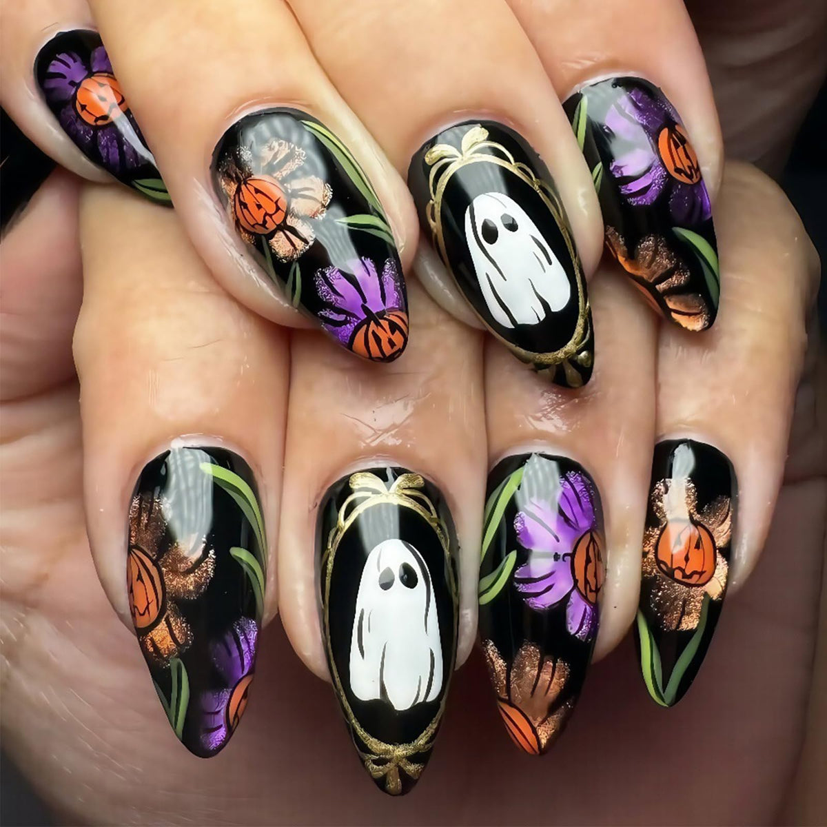 48Pcs Halloween Press on Nails Ghost Stick on Fingernails Monster Short Square False Nails Glossy Black Spider Web Acrylic Fake Nail Skull Gel Glue on Nail for Coquette Women Girls
