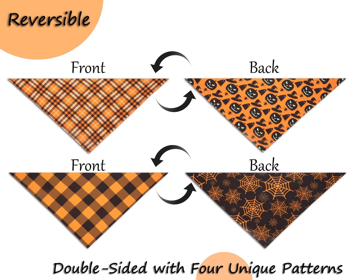 Fall Dog Bandanas 2PCS Halloween Pumpkin Spider Web Large Dogs | 2PCS reversible dog bandanas for fall & Halloween & Thanksgiving.Orange plaid/pumpkin/Spider Web design.Fits medium-large dog
