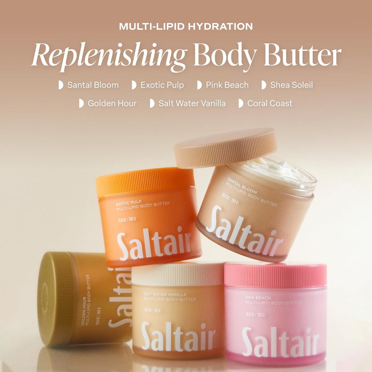 Saltair Multi-Lipid Body Butter - Rich, Nourishing Hydrating Body Cream with Ceramide Complex, Coconut Oil, Shea Butter, and Sea Buckthorn. Moisturizing Dry Skin Care. 10oz Jar - Santal Bloom