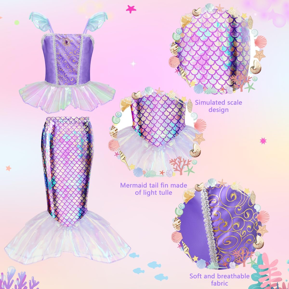 Meland Mermaid Dress for Girls Age 3-10, Princess Dress Up Costume Toy Gift