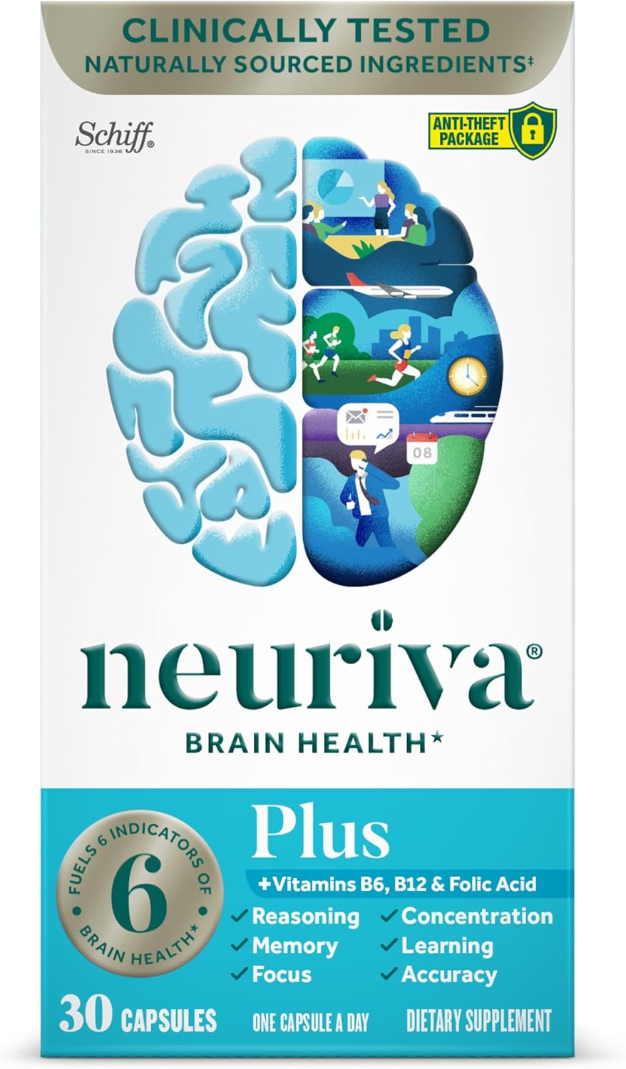 NEURIVA Plus Brain Supplements for Memory and Focus, Clinically Tested Nootropics Neurofactor and Phosphatidylserine, with Vitamin B12, Vitamin B6 and Folic Acid, 30 Count Capsules