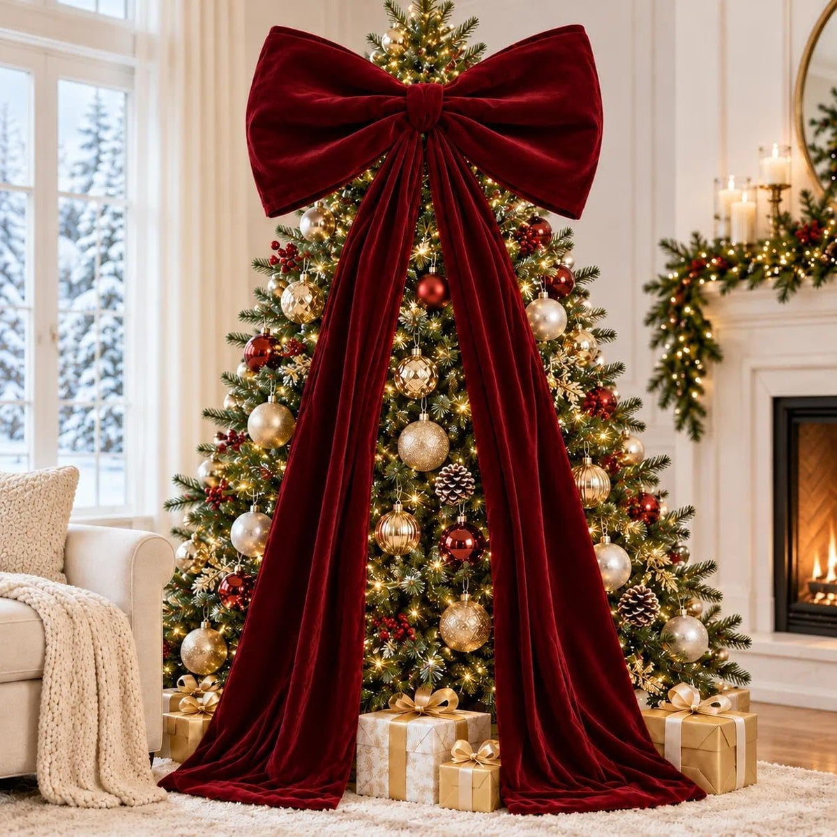 Giant Burgundy Red Velvet Christmas Tree Topper Bow 31.5"x79"
