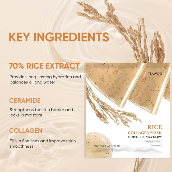 TEAWOO Rice Deep Collagen Face Mask, 8 EA, Overnight Facial Mask | Moisturizing and Hydrating Facial Mask, Contains Ceramide & Collagen for Glass Glow Skin, Korean Skincare, 38g x 8 EA
