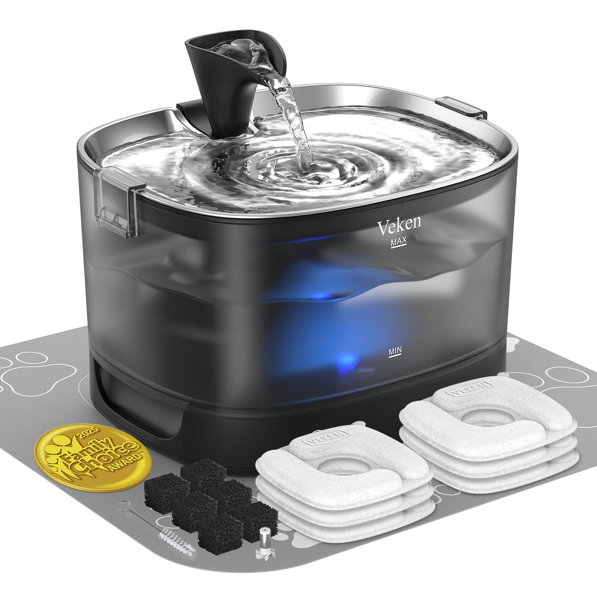 Veken Cordless Cat Water Fountain with Stainless Steel Tray & Secure Clips, 5200 mAh Battery Operated Pet Drinking Dispenser with LED Light, 85oz/2.5L Wireless Fountain for Cats, Dogs and Small Pets