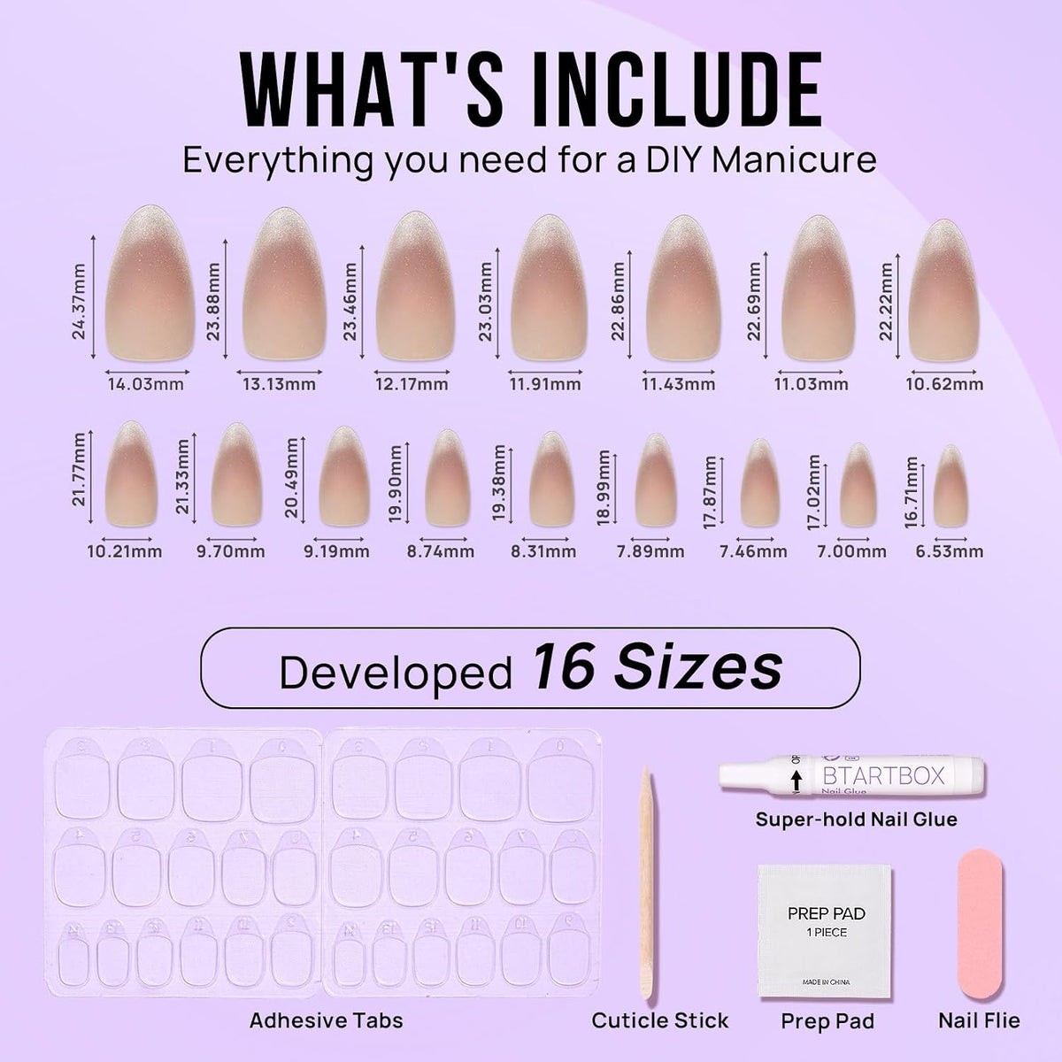 BTArtbox Press On Nails, Liquid Radiance, Medium Almond, Cat Eye, 32Ct | Lamp-Curable 4-Week Wear, Salon-Quality Natural Nails, 10-Minute Easy Daily Application, 16 Sizes, All-in-One Complete Kit