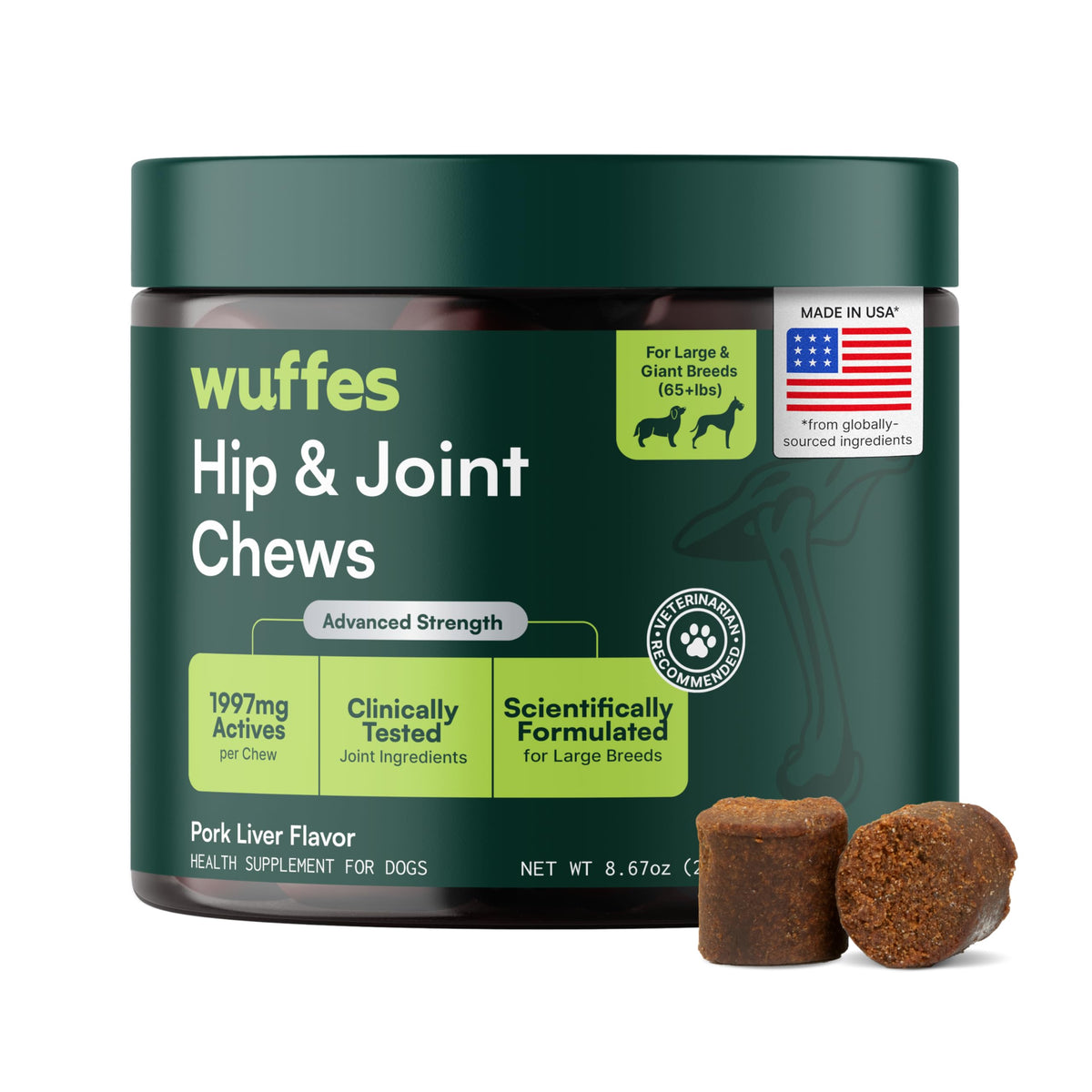 Wuffes Advanced Dog Hip and Joint Supplement with Glucosamine, Chondroitin, Omega 3, MSM, and Green Lipped Mussel, 60 Pork Flavored Chews for Small and Medium Dog Breeds