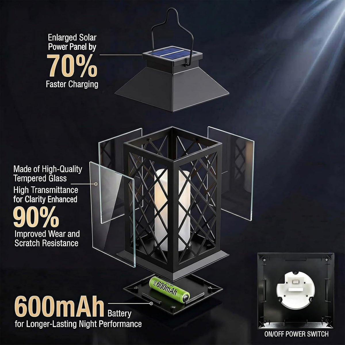 2 Pack 14'' Black Large Outdoor Solar Lanterns Outdoor Waterproof