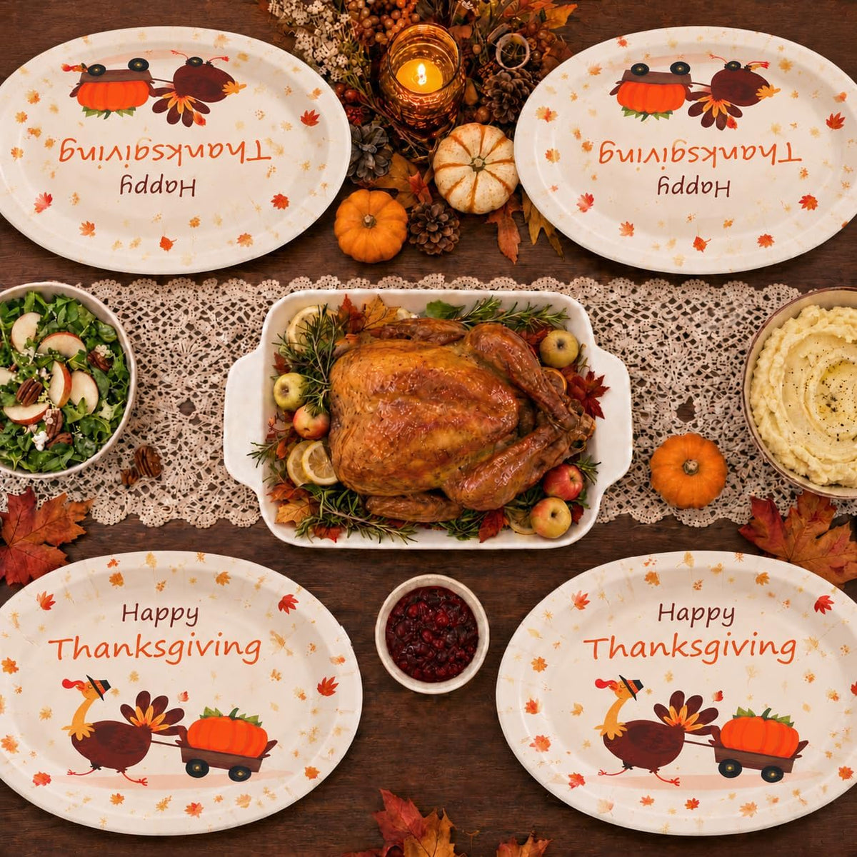 50Pack Thanksgiving Oval Plates Paper - 10" x 12" Happy Thanksgiving Plates Disposable Dinner Supply - Turkey Thankful Pattern