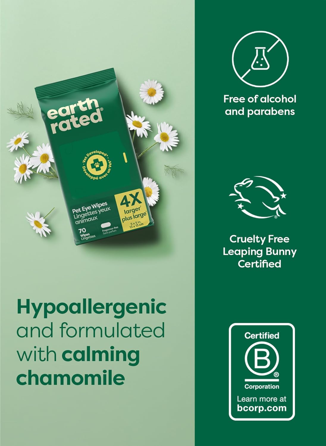 Earth Rated Dog Eye Wipes, Unscented, Removes Dirt & Discharge, 70ct | Vet-Developed, Hypoallergenic Pet Wipes for Dogs & Cats to Remove Dirt & Discharge, Fragrance Free