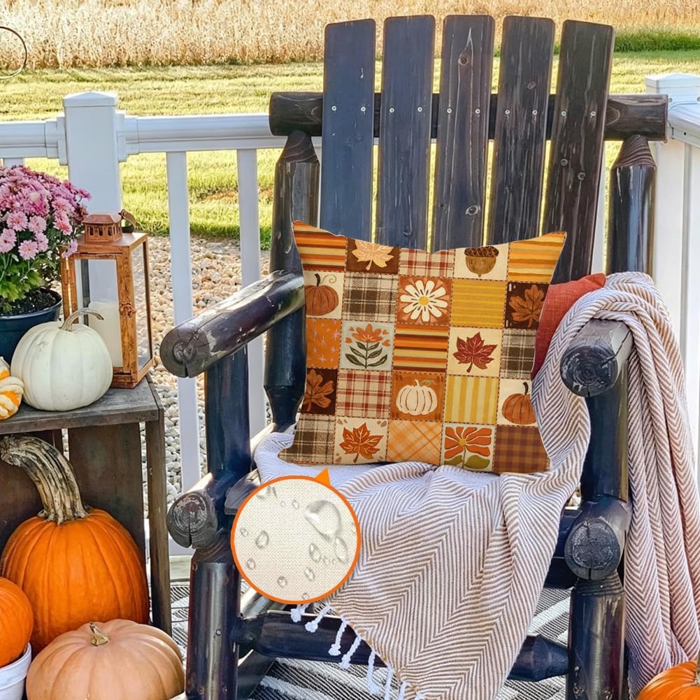 Fall Outdoor Pillow Covers 18x18,Plaid Pumpkin Maple Leaf Decoration